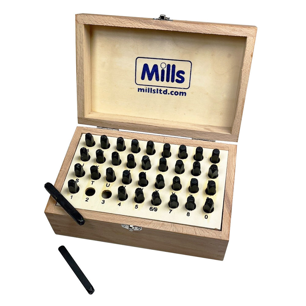 Mills 36 Piece Letter & Number Punch Set 5mm, in Wooden Storage Box